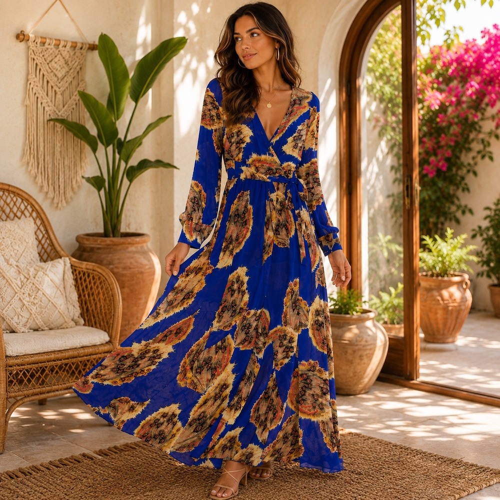 Paradiso Blue Peacock Feather Print Maxi Dress Small Faux Wrap Long Sleeve Boho